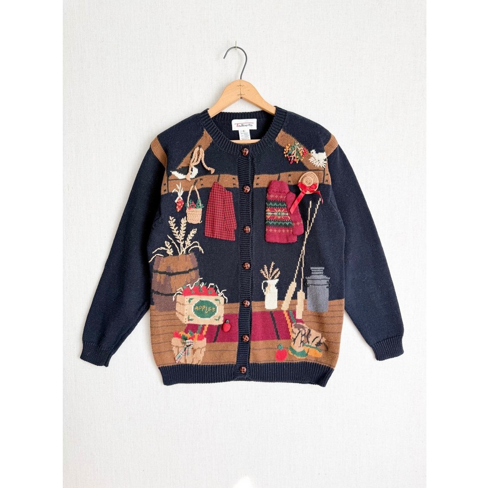 Talbots Vintage Fall Harvest Cottage core Embellish Sweater Navy 3D Appliqué NWT